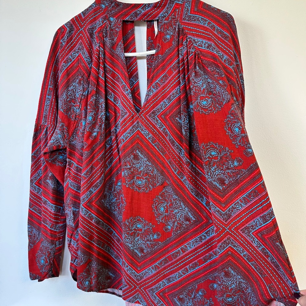 Free‎ People Paisley Walking on a Dream Choker V-Neck Long Sleeve Blouse Medium - Picture 2 of 7